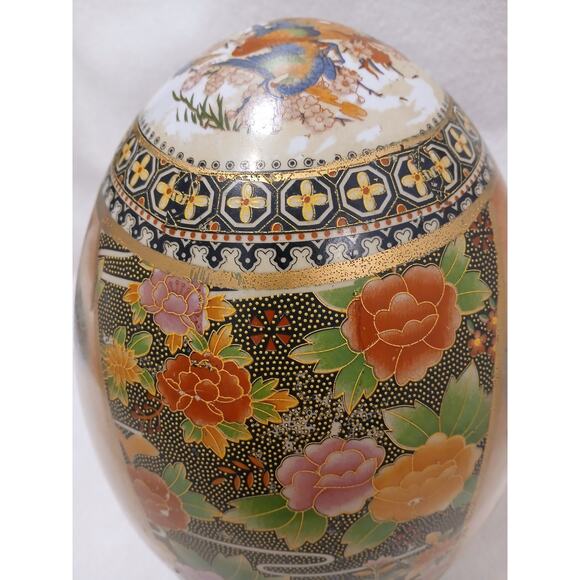 Vntg Huge Japanese Satsuma Egg Asian Decor Orient Hand Painted Cloisonne Floral - Picture 8 of 16